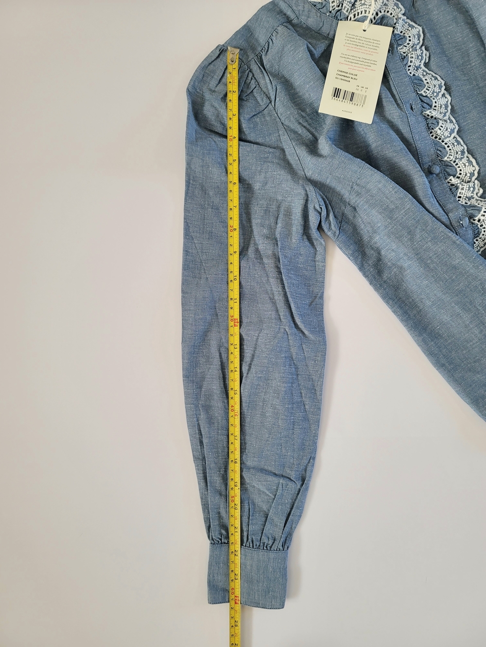 Sezane Chlo Shirt in Chambray Blue, Size 2, Embroidery Trim, French Romantic - Picture 11 of 11